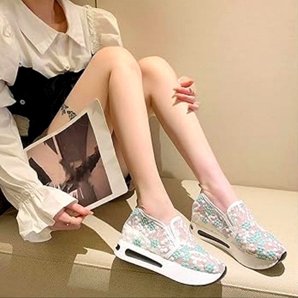 Elegant Mint and White Lace Slip-on Sneakers - Picture 2 of 16